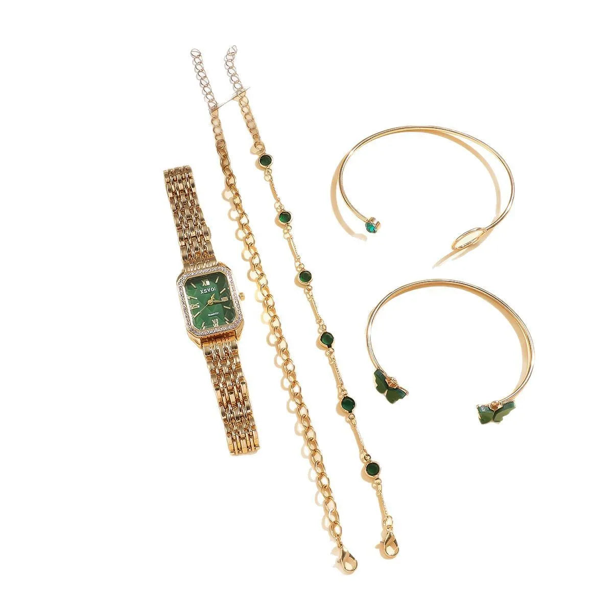Gold green square women's watch with four matching bracelets showing jewellery buckle and 25mm dial