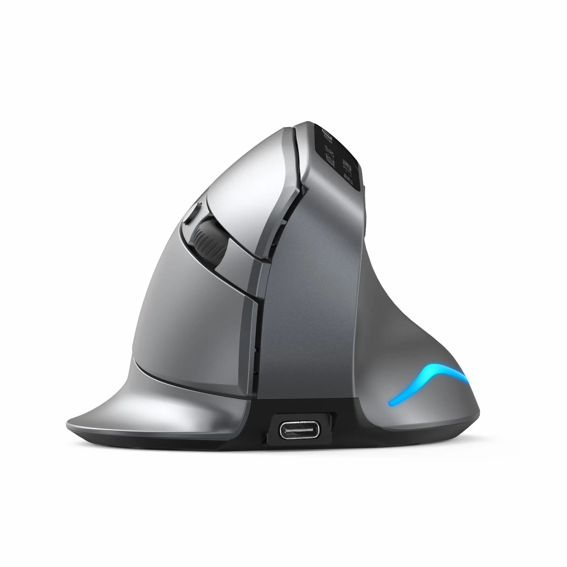 Grey ergonomic vertical wireless mouse with Bluetooth and dual charging.
