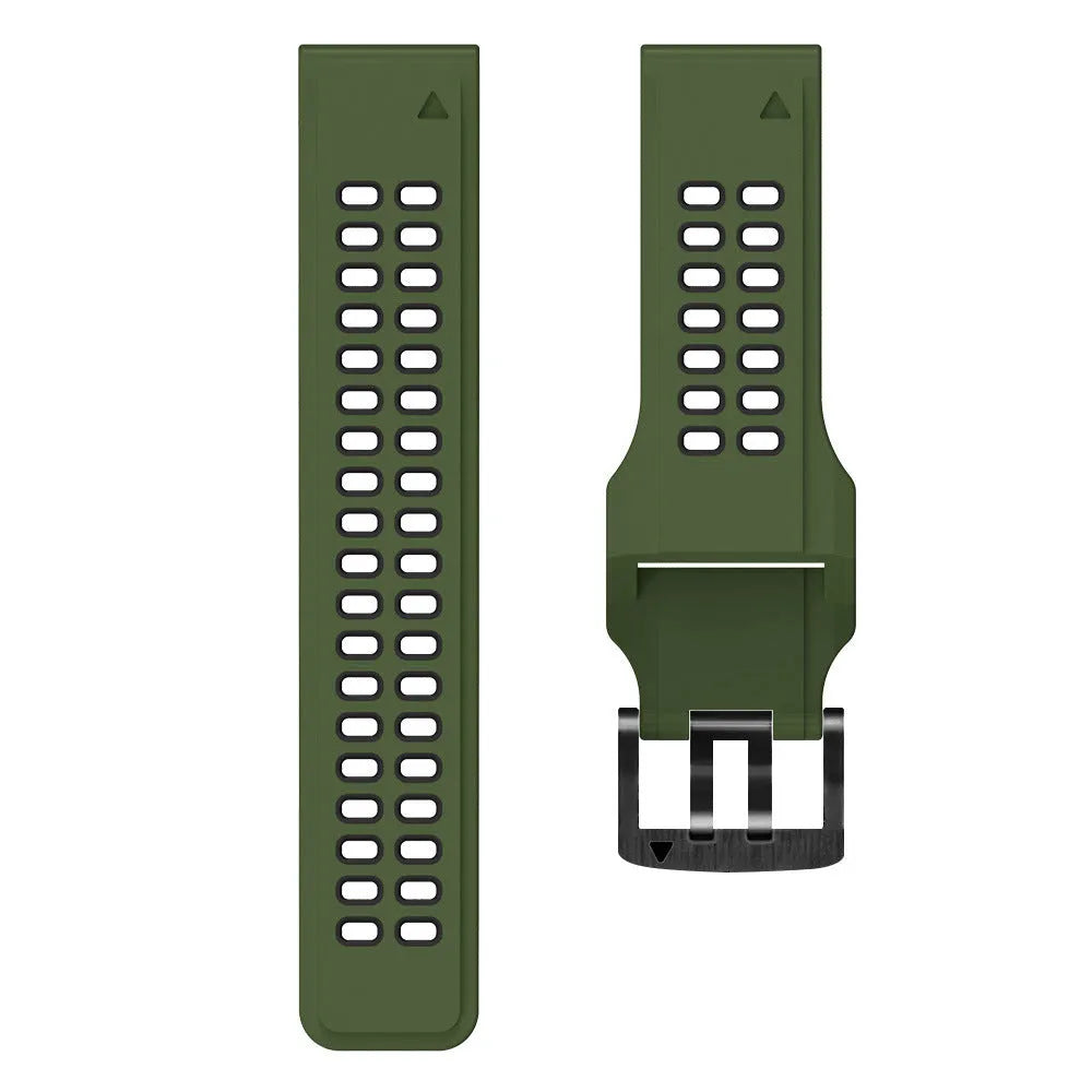 Quick release two-tone silicone watch strap with pin buckle in Army Green Black colour.
