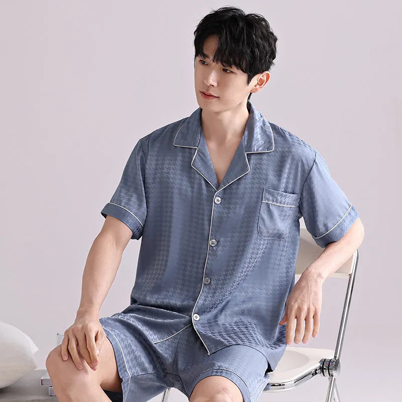 Men's ice silk pajama set with cardigan top and shorts in satin jacquard pattern