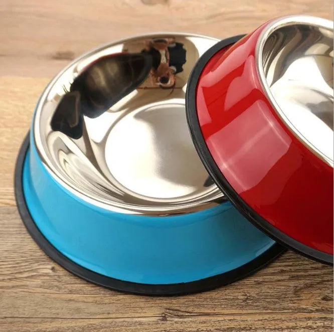 Stainless steel pet bowl with colourful melamine base and non-slip rubber ring in multiple colour options