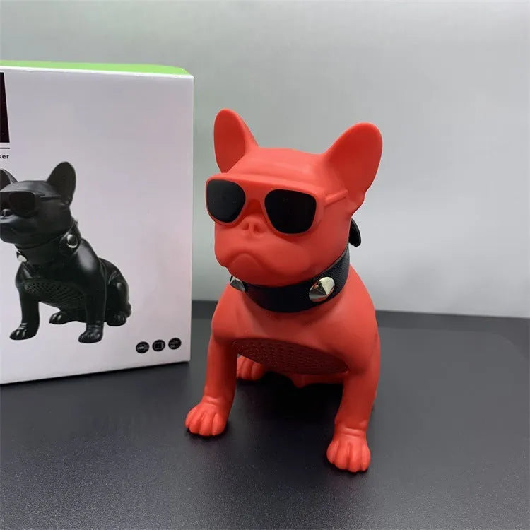 Mini bulldog-shaped Bluetooth speaker in black, red or white colours with wireless audio functionality