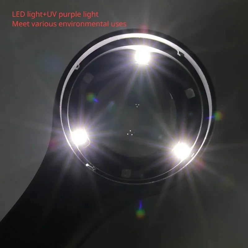 Black USB-C rechargeable magnifying glass for jewellery and tobacco appraisal.