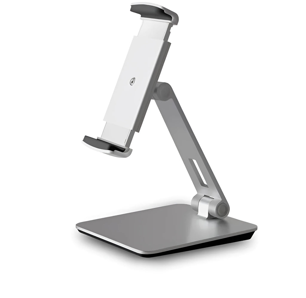 Silver aluminium and ABS folding stand holding a tablet, showing 360-degree rotation and anti-slip silicone pads.
