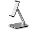 Silver aluminium and ABS folding stand holding a tablet, showing 360-degree rotation and anti-slip silicone pads.