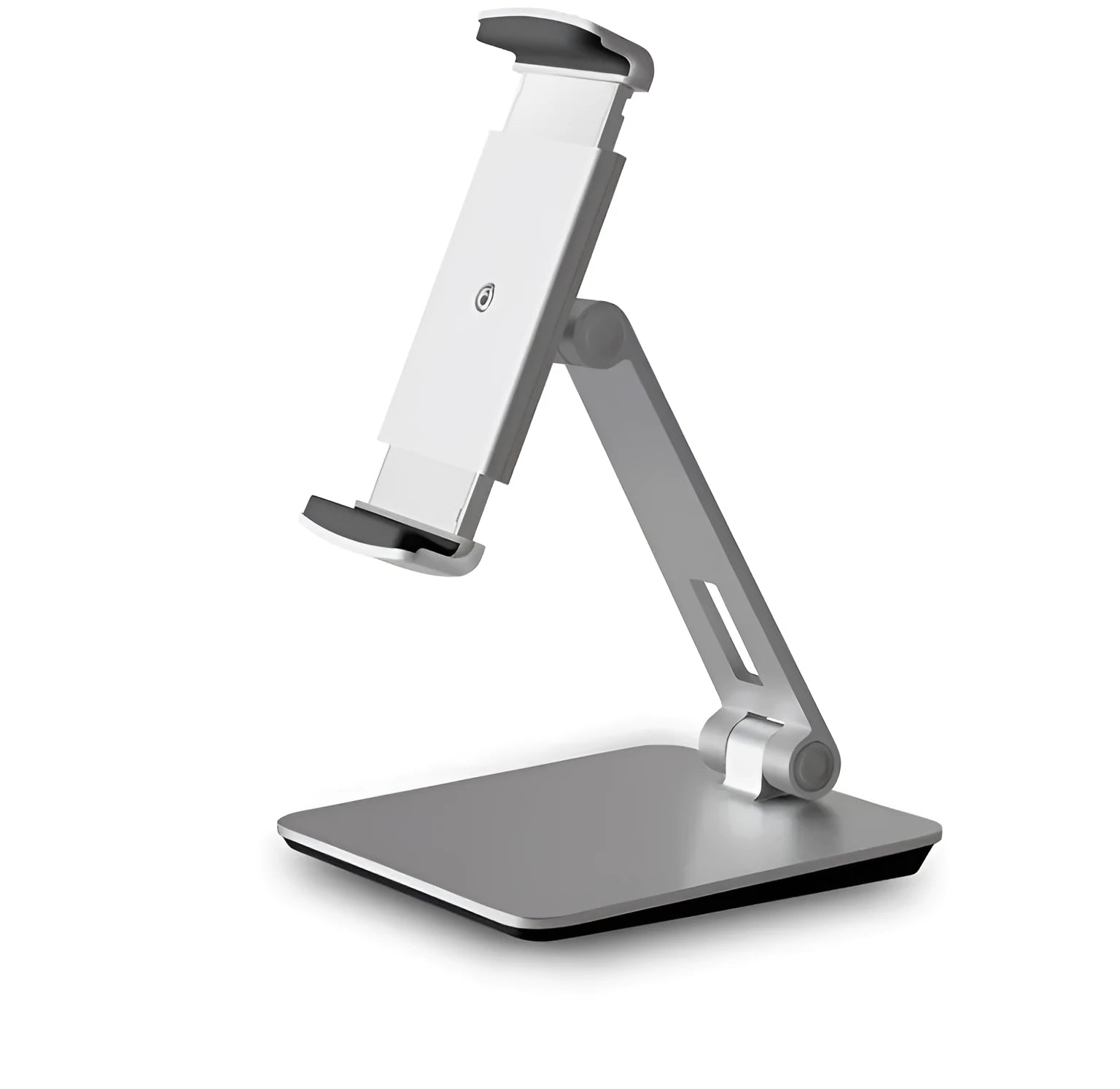 Silver aluminium and ABS folding stand holding a tablet, showing 360-degree rotation and anti-slip silicone pads.