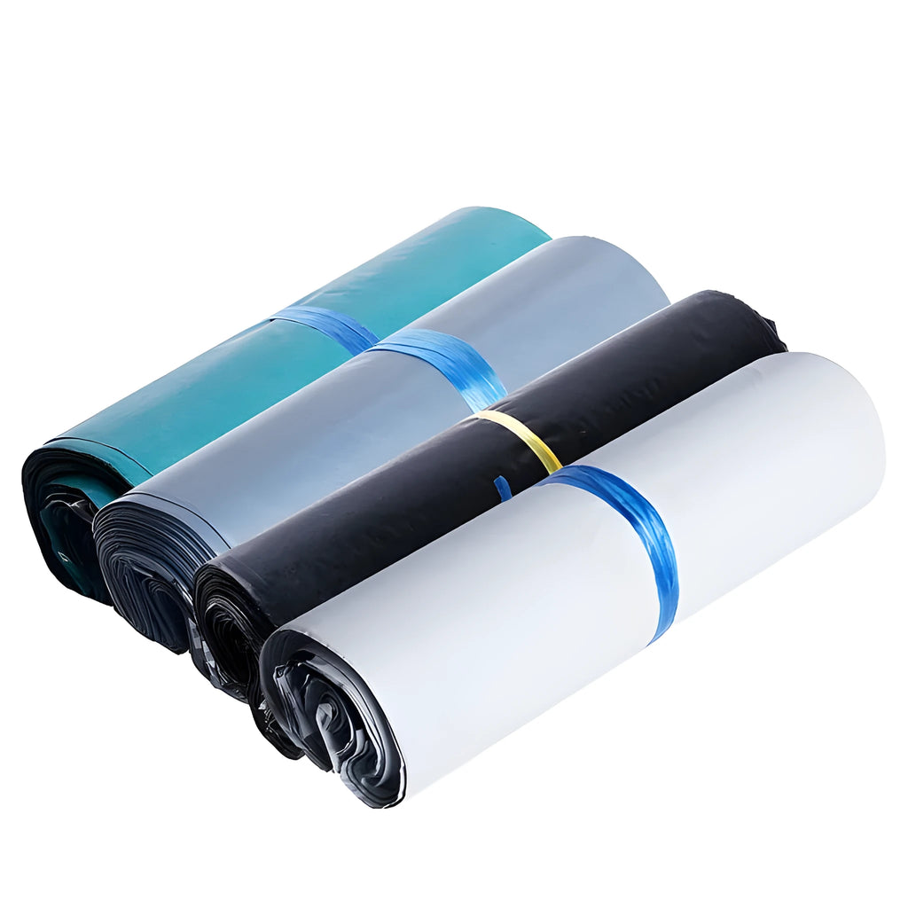 Black, grey, green, and white PE courier bags with adhesive sticker seals in various sizes.