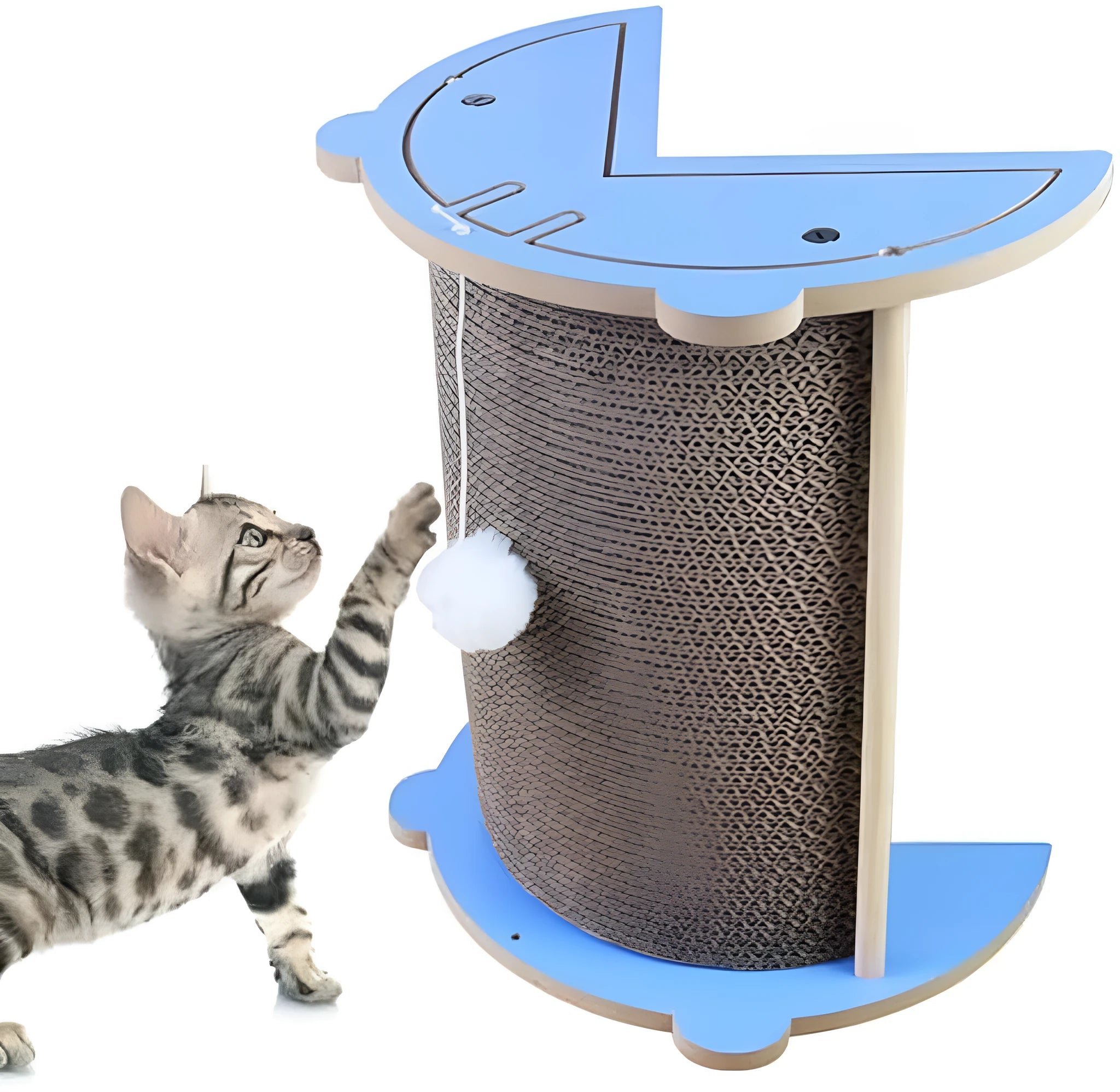 Dark grey vertical cat corner scratching pad with hanging ball on a cardboard surface.