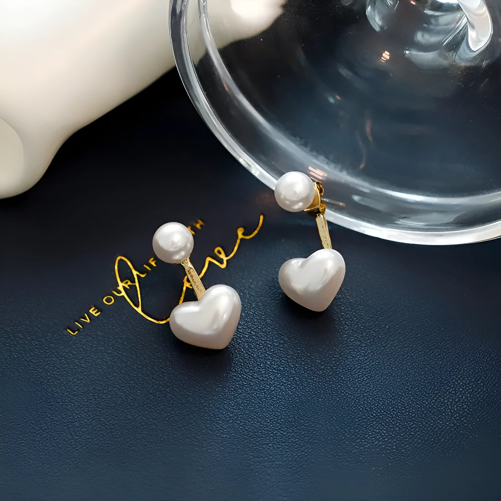 Women's heart-shaped pearl stud earrings with alloy construction and electroplated finish