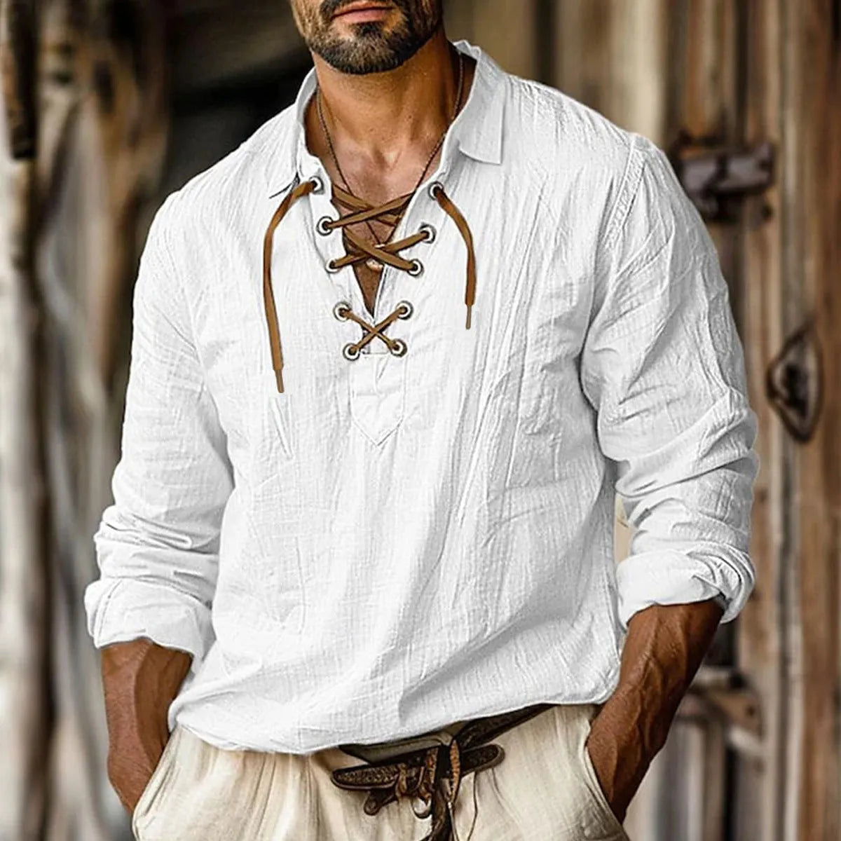 Men's plus size linen blend shirt in solid colour with loose fit long sleeves