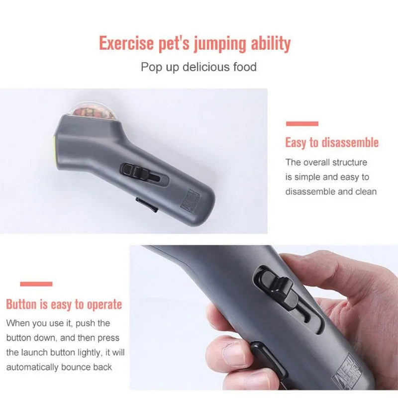 Grey pet snack catapult launcher for dogs and cats on a neutral background.