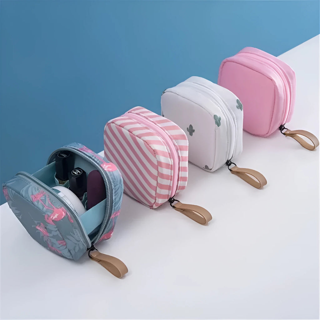 Cloth cube-shaped makeup storage bag in plain design available in multiple colours