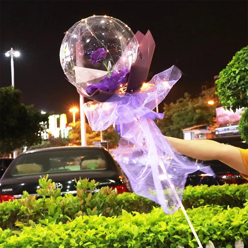 Transparent round LED luminous balloon rose bouquet with artificial flower and lights for DIY assembly
