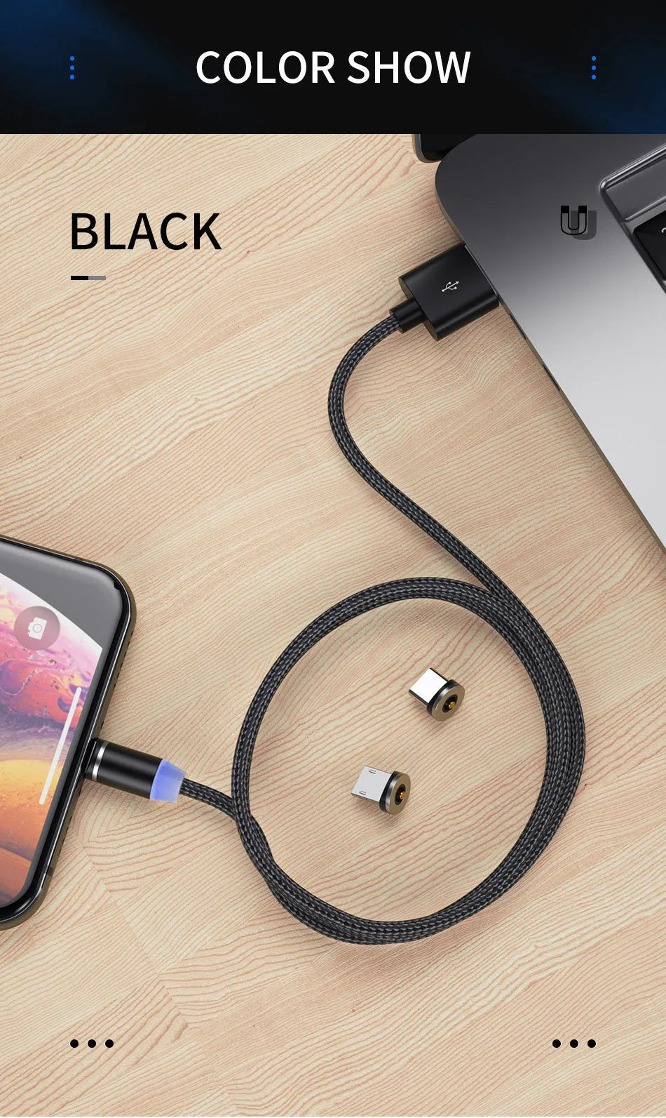 Magnetic USB fast charging cable with LED indicator in black or red colour