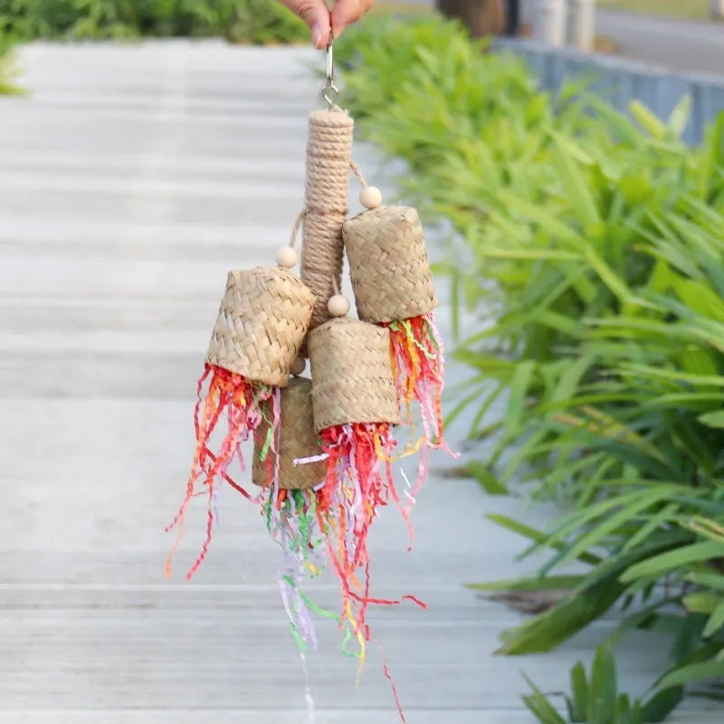 Colourful shredded paper hanging bird toy for parrots with wooden frame and sisal rope