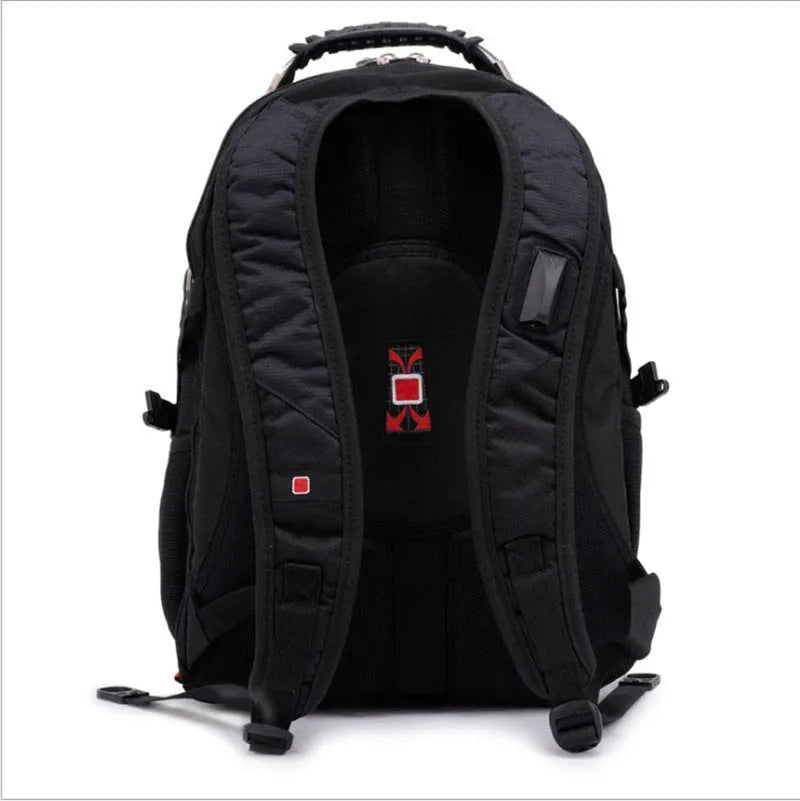 Black business laptop backpack showing three compartments, suitable for a 15 inch notebook.