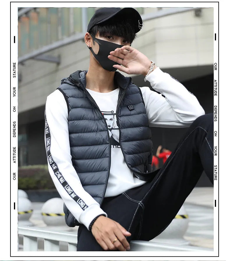 Heated cotton vest in black with USB power cable for outdoor winter use