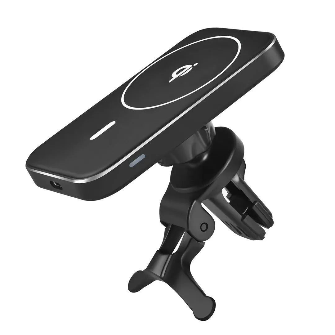 Black M6 magnetic wireless car charger bracket with LED indicator for dashboard or windscreen mounting