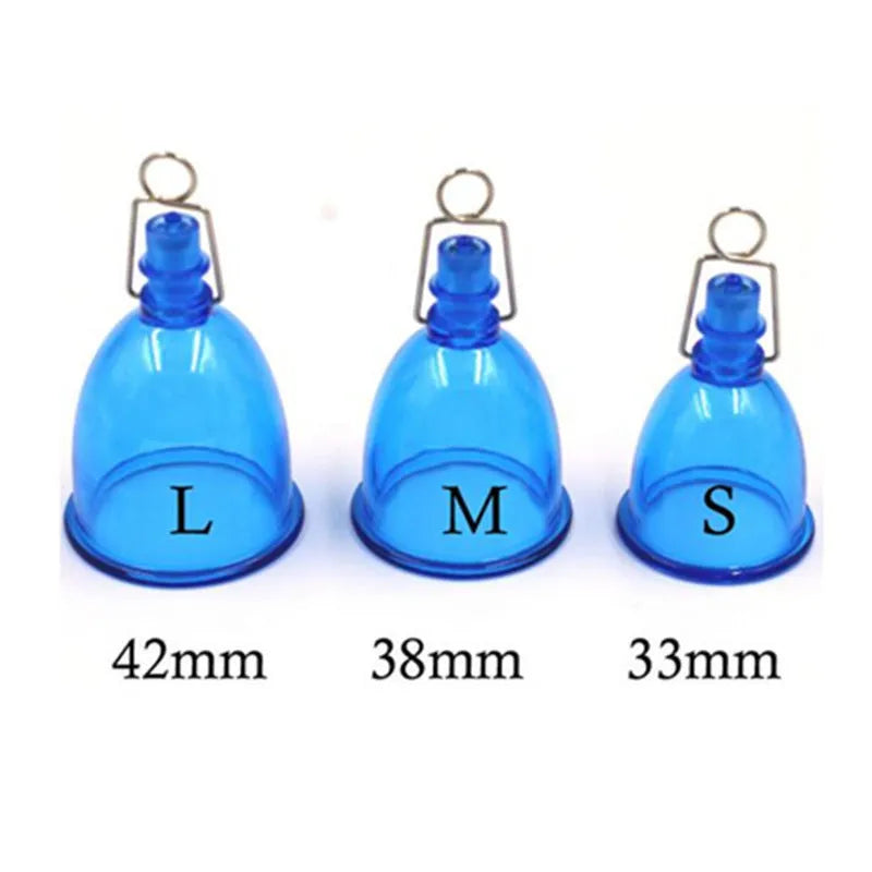 Blue silicone men's physical stretch exerciser cup shown in small, medium, and large size options.