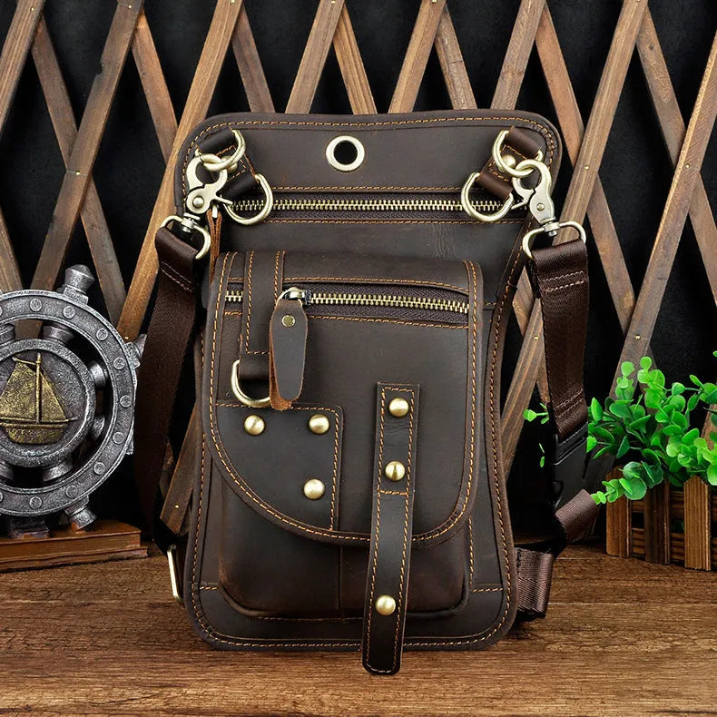 Genuine cowhide leather punk fanny pack with zipper closure showing internal phone and ID pockets