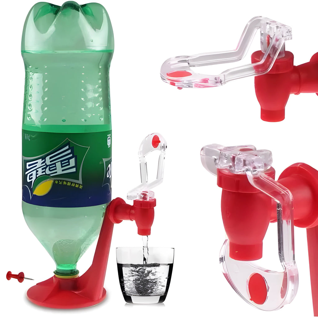 Red plastic Magic Tap soda dispenser attached to 2-litre bottle with push-button tap