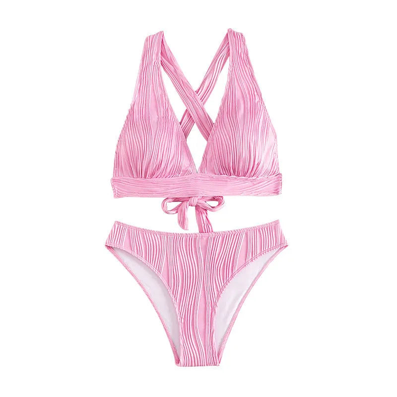 Women's pink halter strap bikini top with matching split shorts swimsuit bottoms