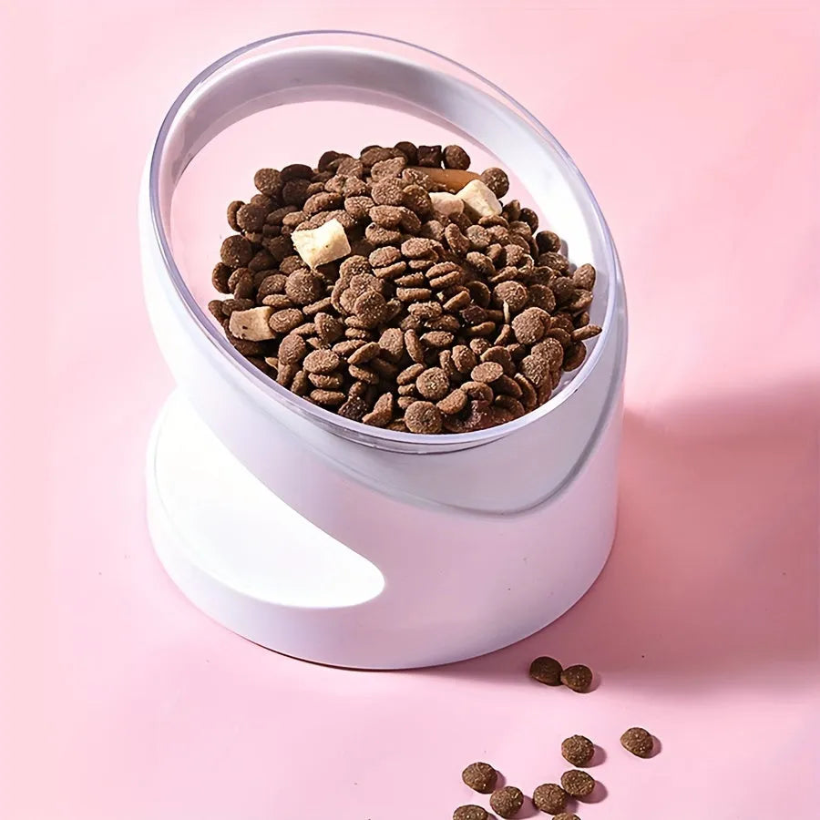 Clear plastic elevated cat food bowl with tilted design for anti-vomit feeding