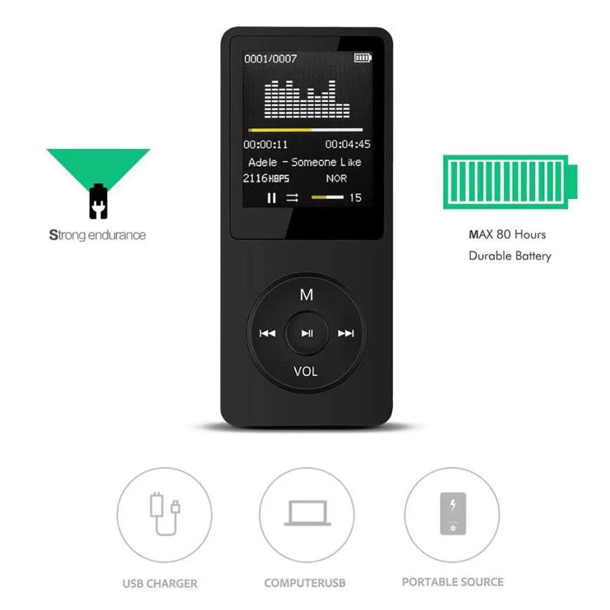 Portable black MP3 player with 1.8-inch TFT display, showing on-screen menu