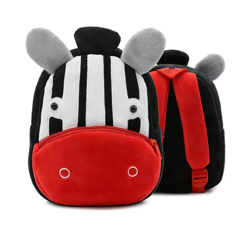 Plush children's backpack with animal design showing soft texture and zipper opening