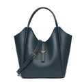 Genuine leather women's retro bucket handbag in beige with top handles and visible stitching.