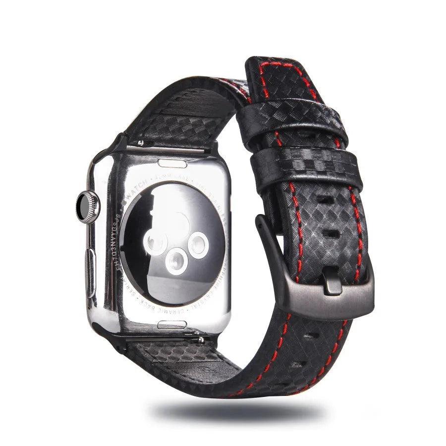 Carbon fibre pattern leather Apple Watch strap case in black, blue, orange, and red colour options.
