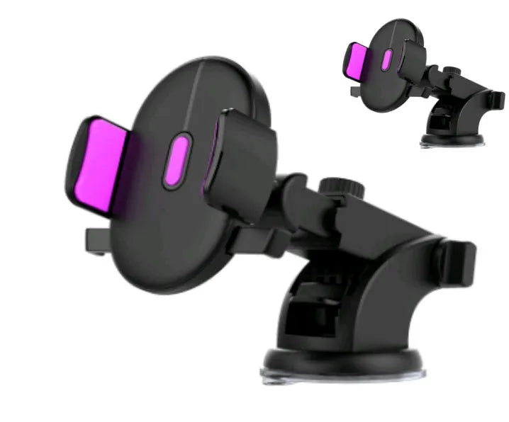 Yellow car phone holder with telescopic arm and suction cup mount on textured dashboard