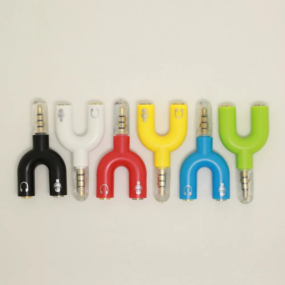 3.5mm audio splitter adapter in six colours for mobile phone, laptop, and tablet connection