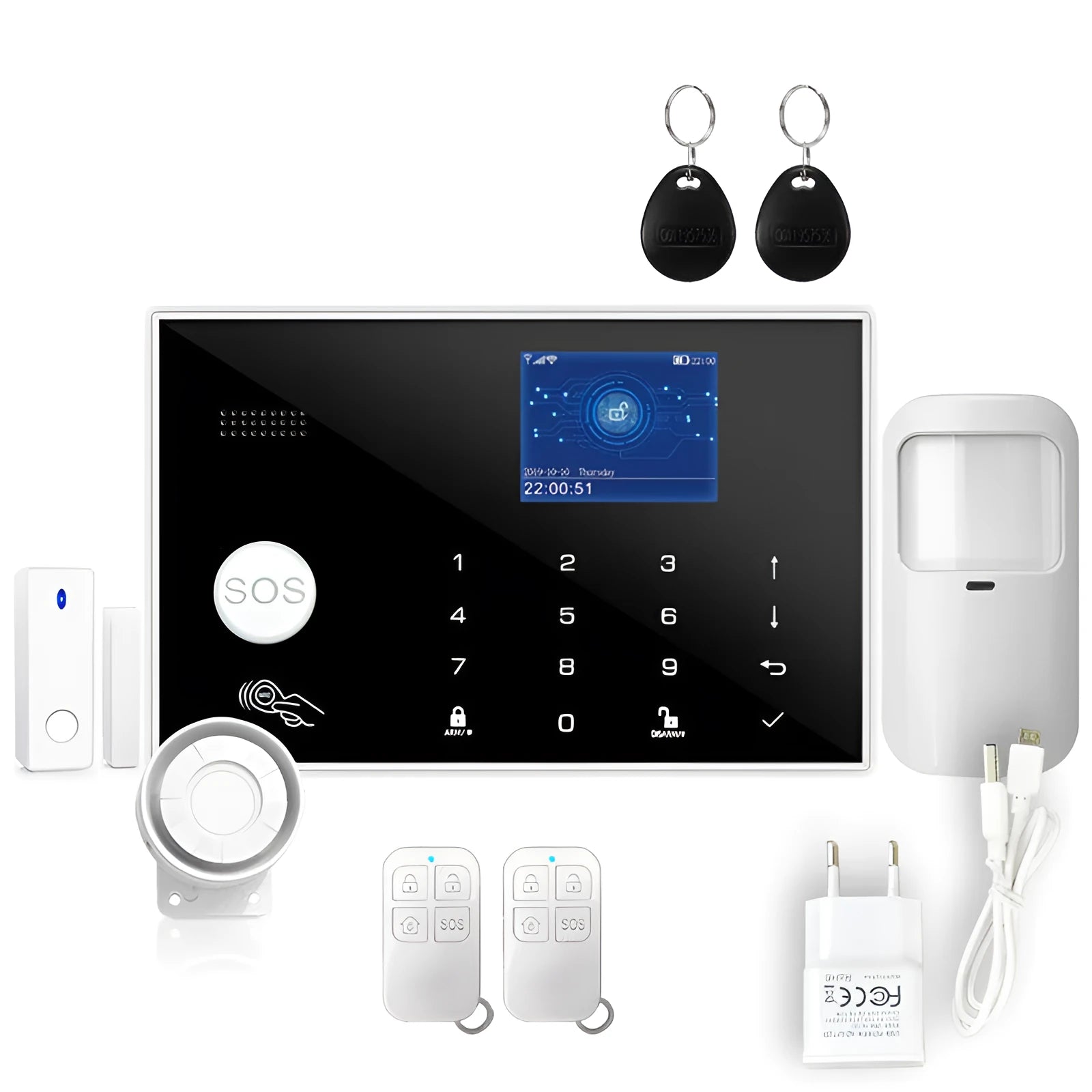 Intelligent WiFi GSM touch button household burglar alarm host unit on a table.