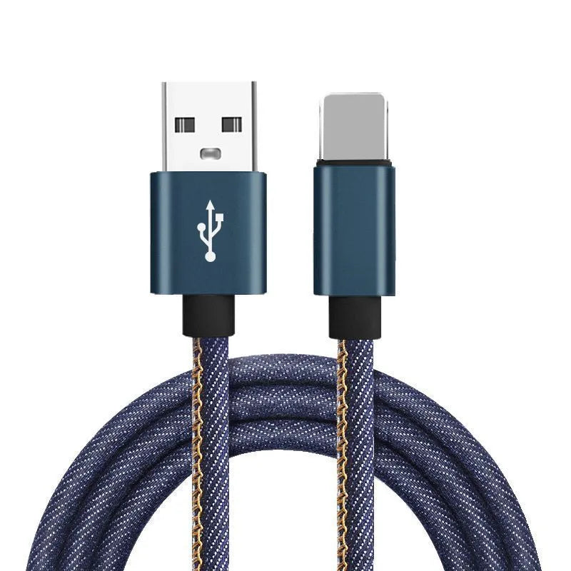 Denim braided Type-C charging cable with aluminium alloy connector in black, blue, or red colours