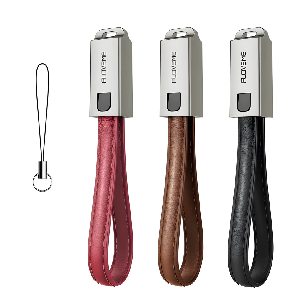 Short red leather and metal iPhone lightning charging cable showing 20cm length.