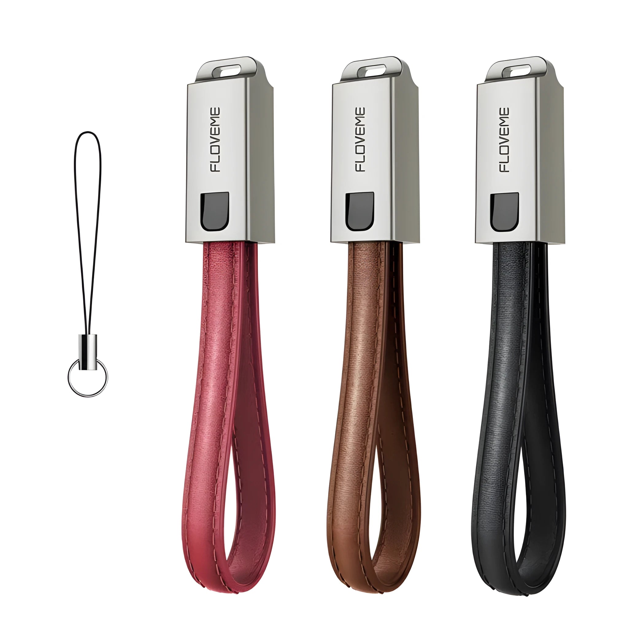 Short red leather and metal iPhone lightning charging cable showing 20cm length.