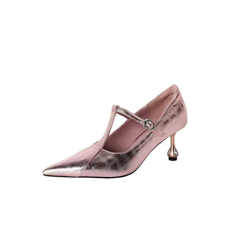 Women's gun colour leather pumps with a chunky mid heel and round pointed toe.