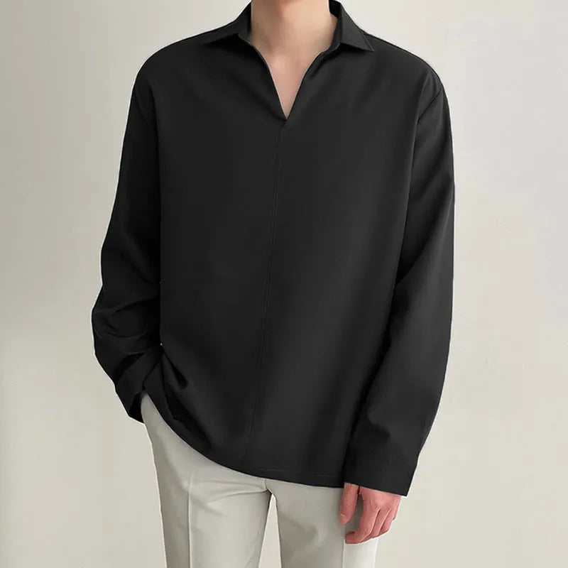 Men's loose lapel casual long sleeve shirt in solid colours on a hanger
