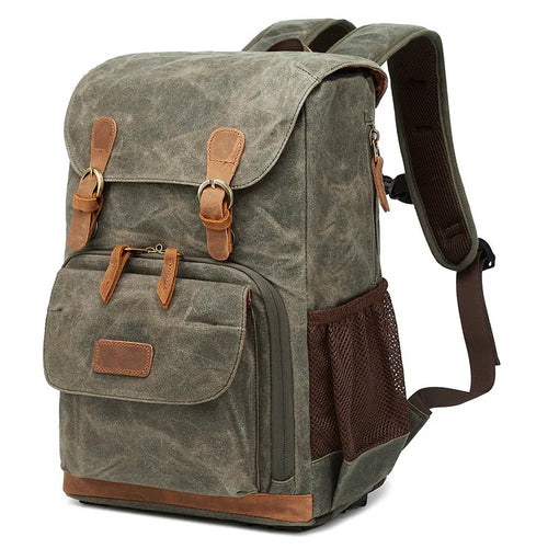 Canvas DSLR camera bag backpack in khaki, grey black, or army green.