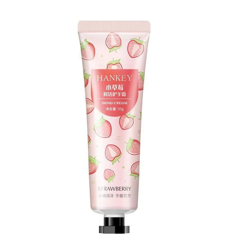 30g tube of scented hand cream for dry skin, shown with choice of avocado, chamomile, and rose fragrances.