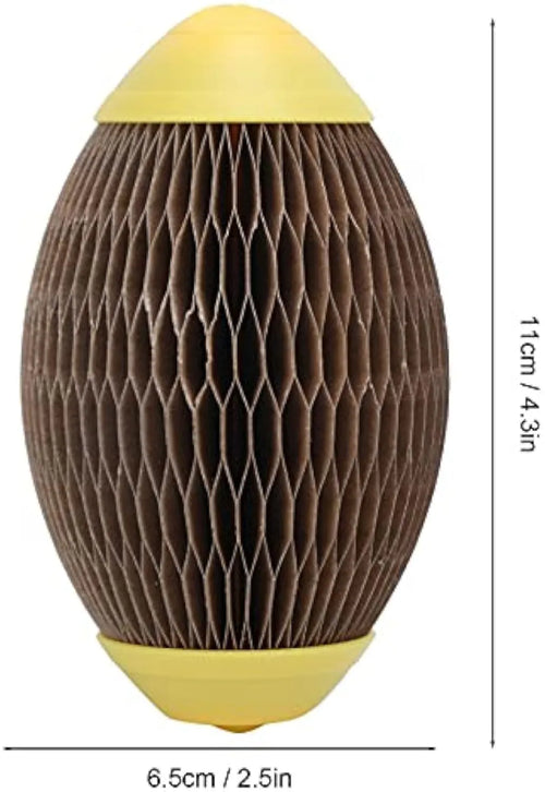 Ellipse-shaped catnip ball toy made from recycled corrugated paper with scratch surface