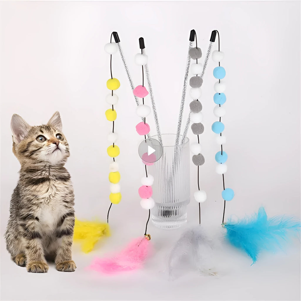 31 cm long cat teaser toy rod with bell and pompon feather attachments in blue colour