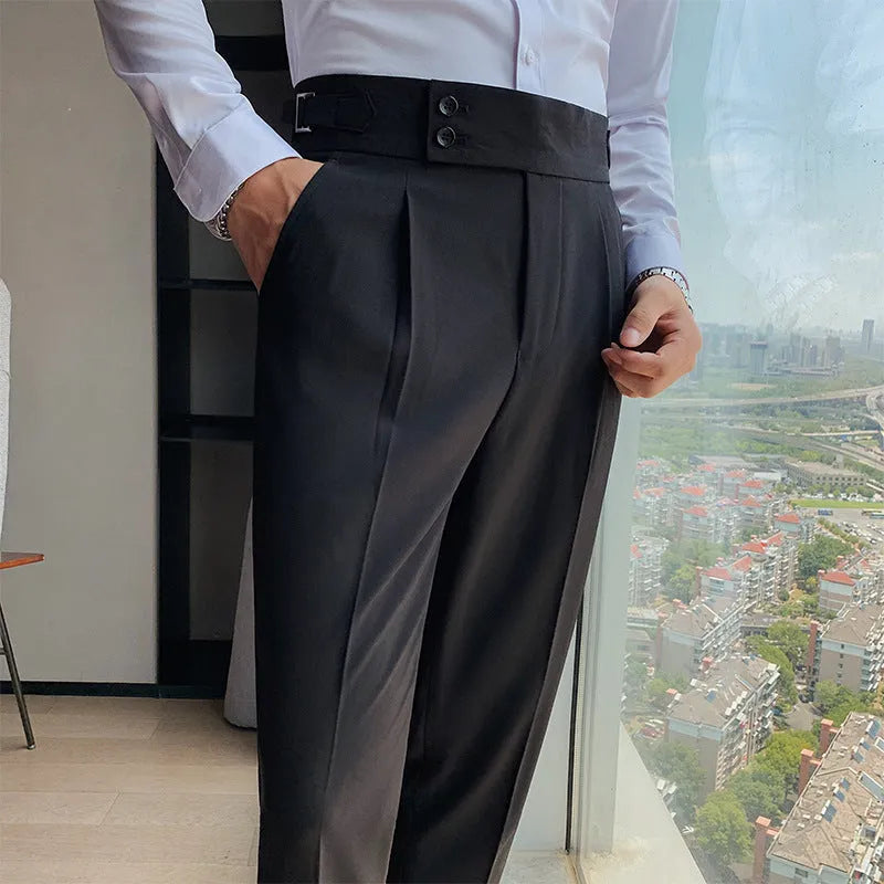 Men's straight-leg casual trousers in polyester fabric showing multiple solid colour options