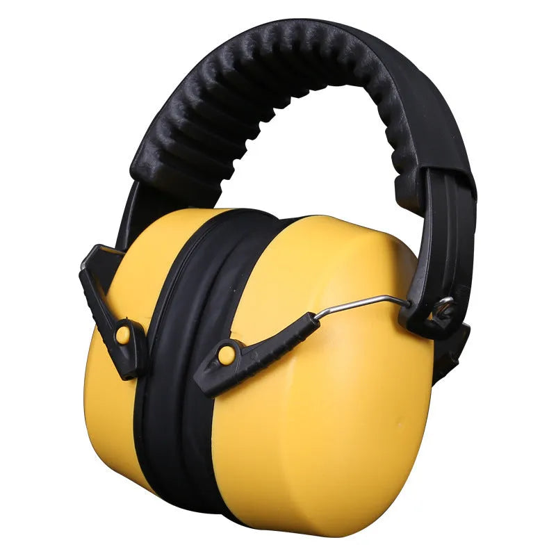 Orange head-mounted earmuffs with an adjustable elastic headband and fabric-covered ear cups.