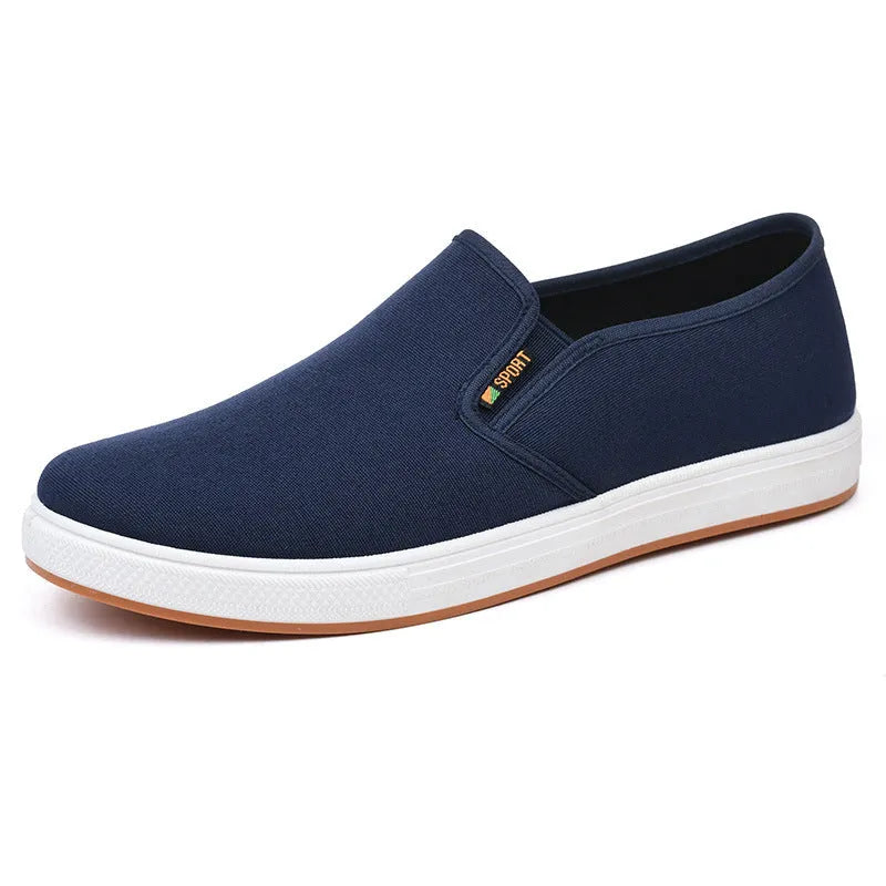 Men's black and blue canvas slip-on shoes with round toe and shallow cutting depth