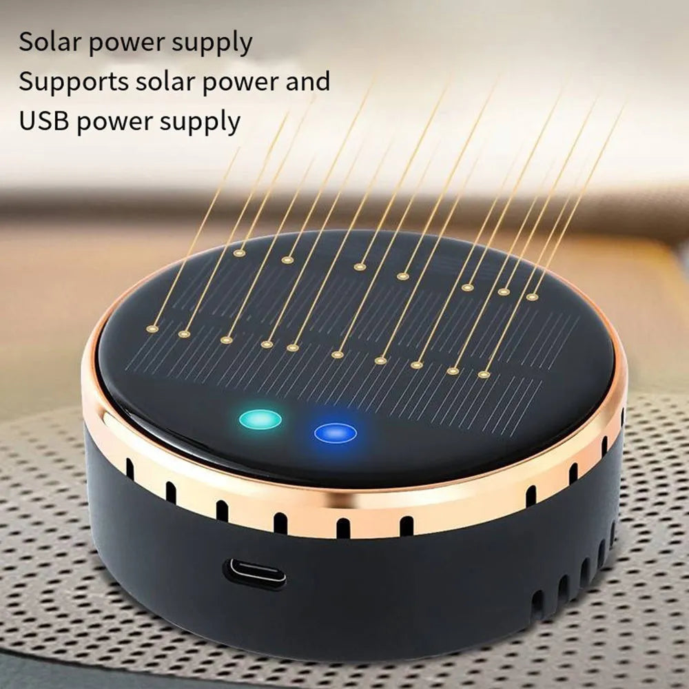 Black solar-powered car humidifier mounted on a vehicle air conditioning vent.
