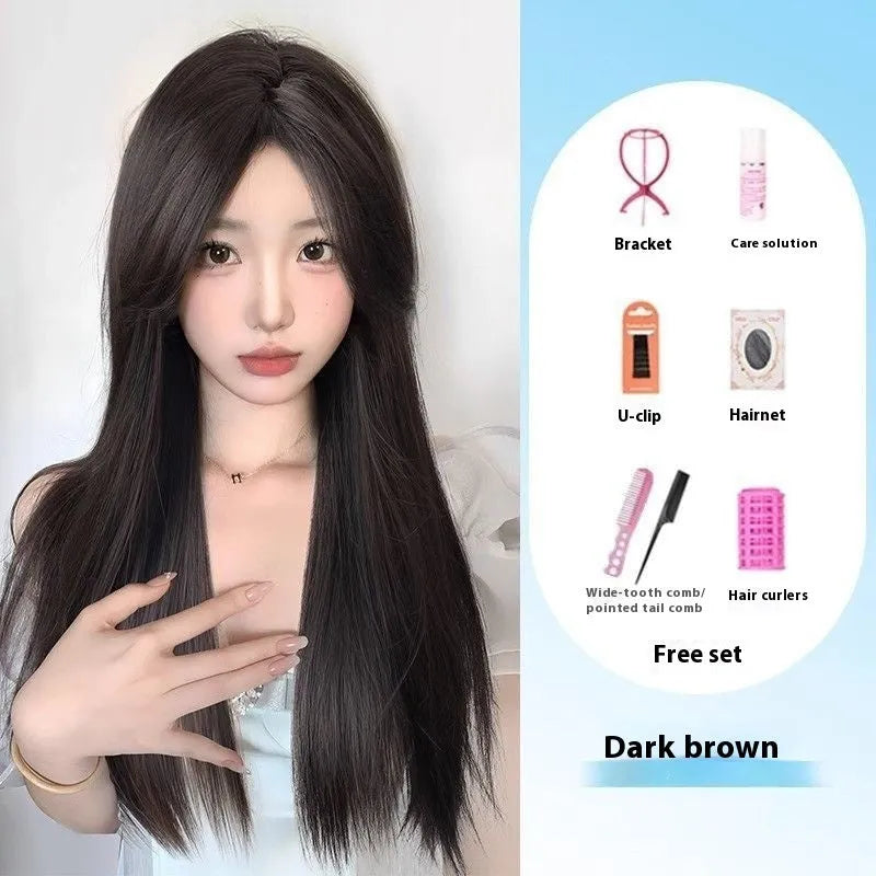 Forehead lace long straight full-head wig in dark brown colour with side bangs styling