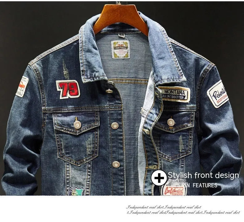 Plus size men's cotton denim jacket in dark blue slim fit with long sleeves round hem