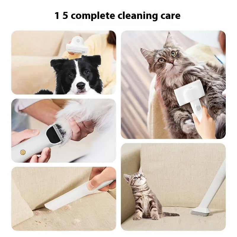 Pink white pet hair conditioner vacuum cleaner with long hose and grooming attachments on a white background.